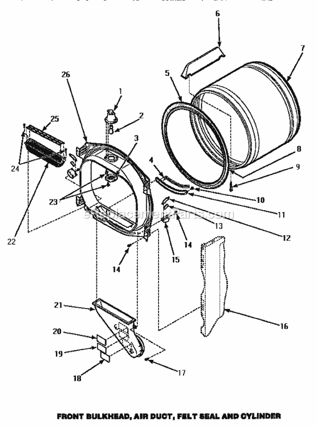 Amana LG4809W (P1163707W W) Dryer- Gas Fr Blkhd, Air Duct, Felt Seal & Cylinder Diagram