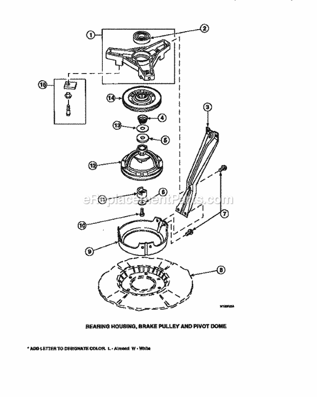 Amana LW6143WM (PLW6143WM A) Mfg Number Plw6143wm, Washer - Top Loading Brg Hsg / Brake Pulley & Pivot Dome Diagram