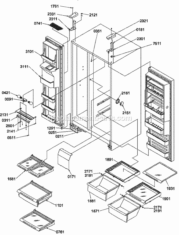 Amana SBD20TPE (P1190006W E) Mfg Number P1190009w E, Ref - Sxs/I&w Ref / Fz Shelves, Lights, and Hinges Diagram