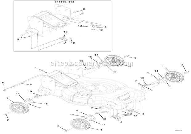 Ariens 911111 (002000) SP21 Lawn Mower Wheels And Height Of Cut Diagram