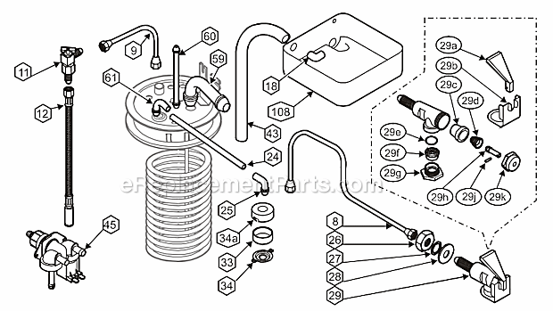 Bloomfield 1082XLCA Airpot and Thermal Server Coffee Brewer Internal Plumbing Components Diagram