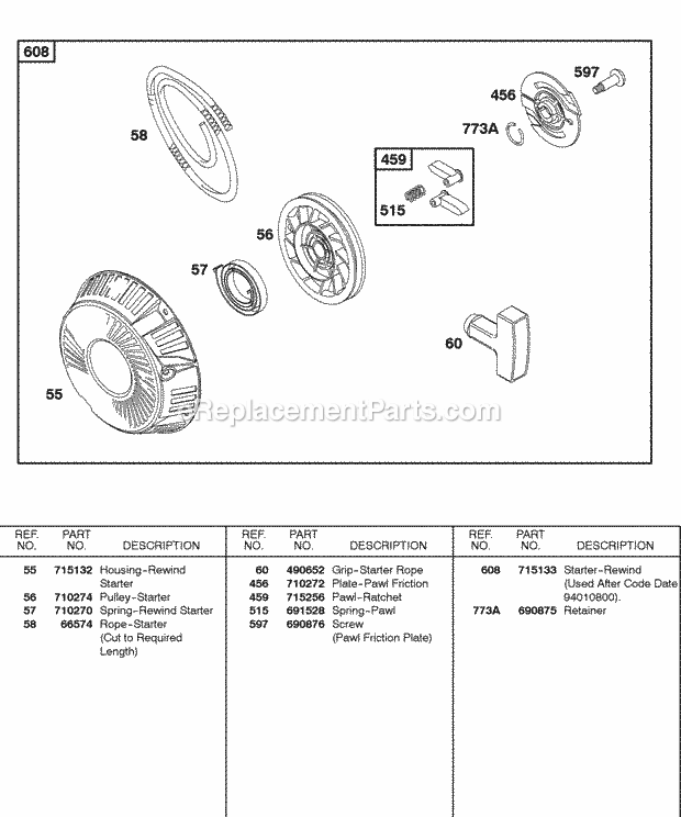 Briggs and Stratton 085432-0038-02 Engine Rewind Starter Diagram