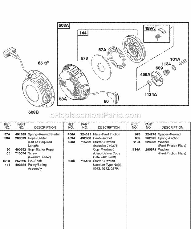 Briggs and Stratton 085462-0072-01 Engine Rewind Starter Diagram