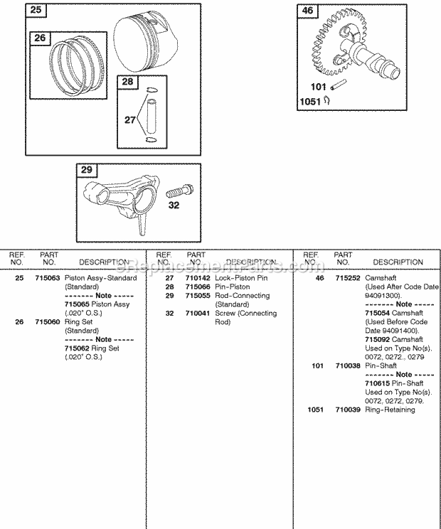 Briggs and Stratton 085462-0072-01 Engine Camshaft Piston And Rod Group Diagram