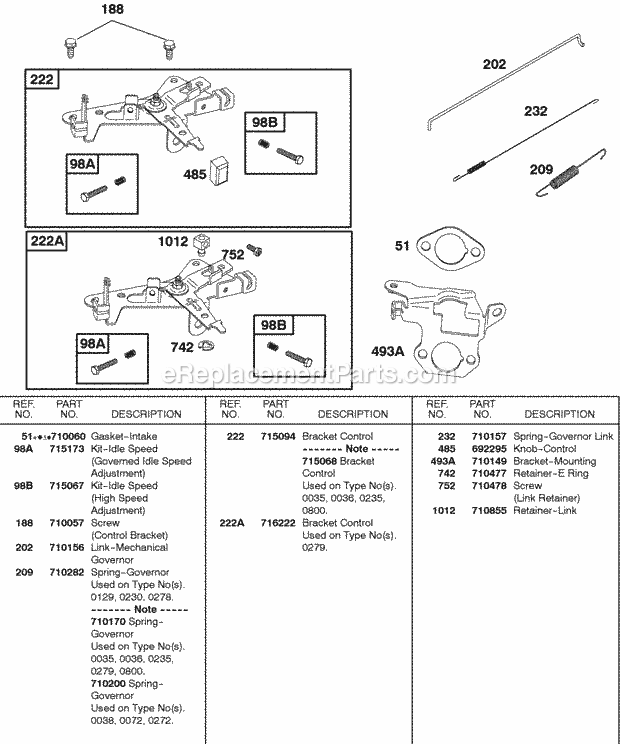 Briggs and Stratton 085462-0272-B1 Engine Controls Governor Spring Diagram