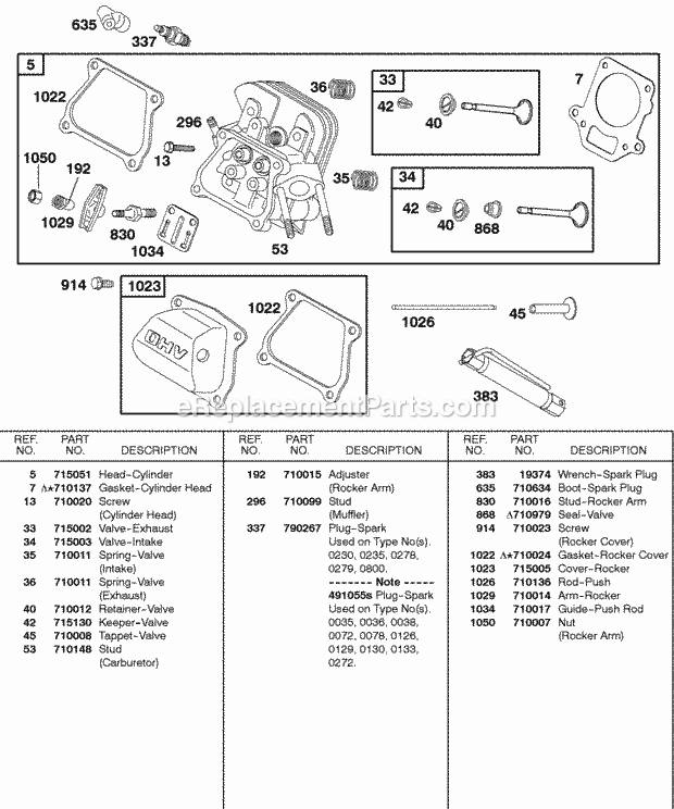Briggs and Stratton 085462-0272-E1 Engine Cylinder Head Valves Diagram