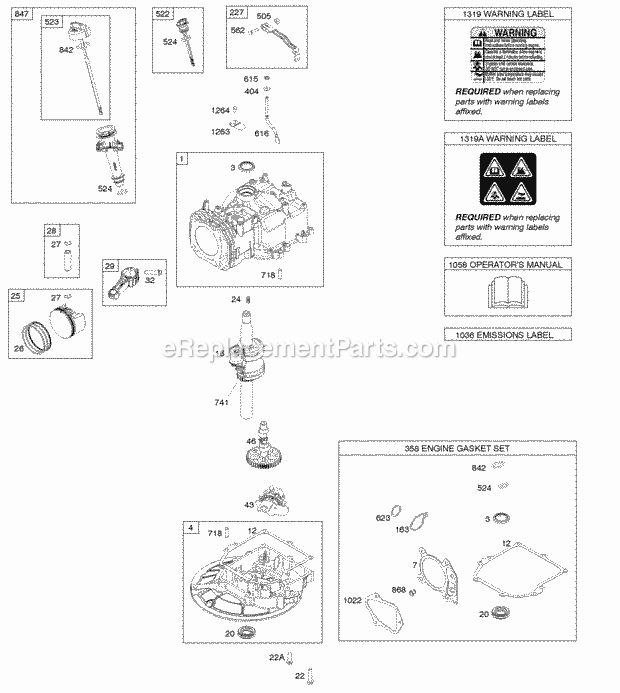 Briggs & Stratton 08P502-0007-H1 Engine Camshaft Crankshaft Cylinder OperatorS Manual PistonRingsConnecting Rod Sump Warning Label Diagram