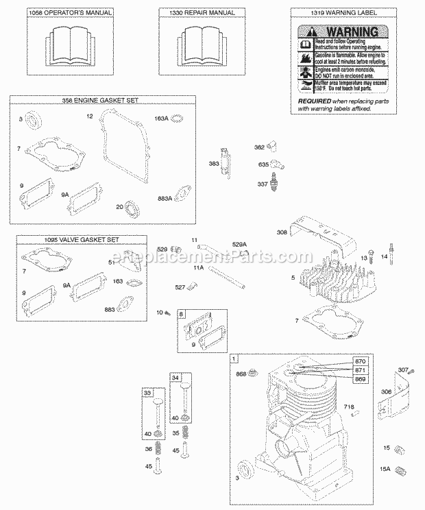 Briggs and Stratton 091212-1060-E1 Engine Camshaft Cylinder Cylinder Head Gasket Sets OperatorS Manual Repair Manual Warning Label Diagram