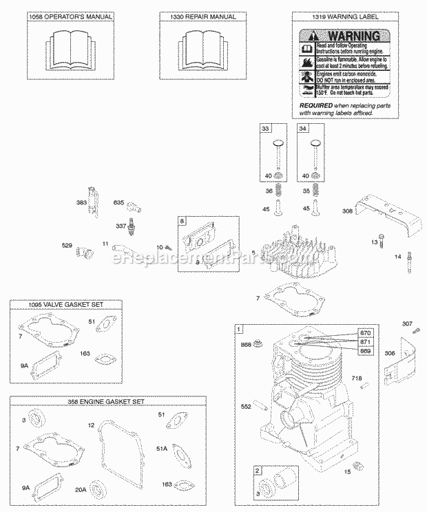 Briggs and Stratton 091412-0130-B1 Engine Cylinder Cylinder Head Gasket Set - Engine Gasket Set - Valve OperatorS Manual Warning Label Diagram