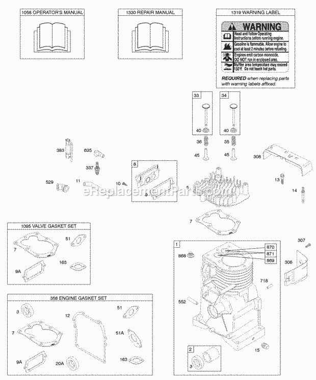 Briggs and Stratton 091412-0130-E1 Engine Cylinder Cylinder Head Gasket Set - Engine Gasket Set - Valve OperatorS Manual Warning Label Diagram