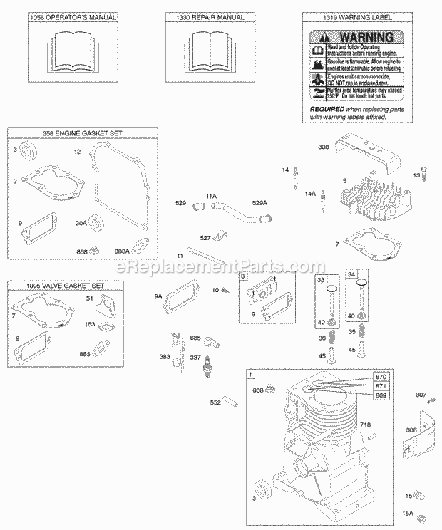 Briggs and Stratton 092202-0142-01 Engine Cylinder Cylinder Head Gasket Sets OperatorS Manual Repair Manual Warning Label Diagram