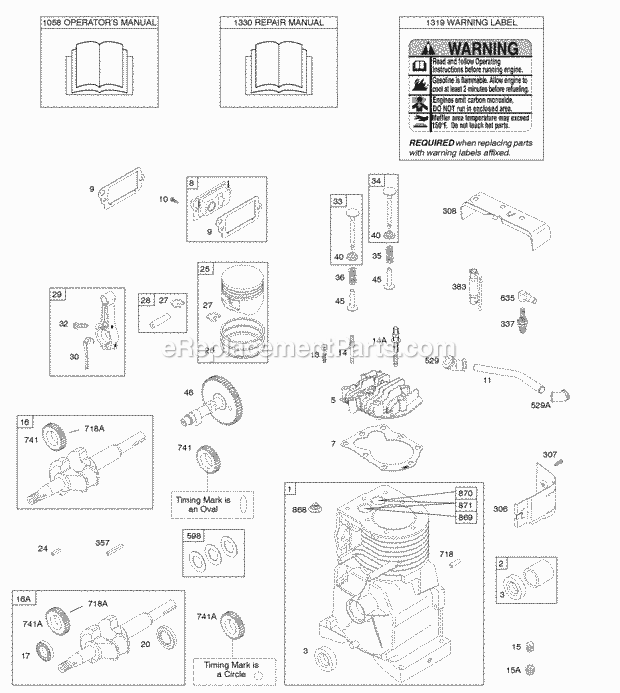 Briggs and Stratton 093302-0110-B1 Engine Camshaft Crankshaft Cylinder Cylinder Head OperatorS Manual PistonRingsConnecting Rod Warning Label Diagram