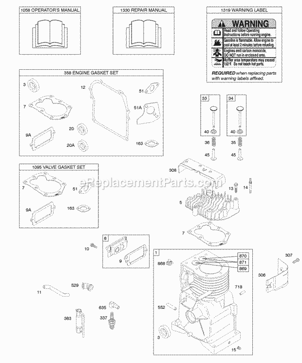 Briggs and Stratton 093432-1038-E1 Engine Cylinder Cylinder Head Gasket Set - Engine Gasket Set - Valve OperatorS Manual Warning Label Diagram