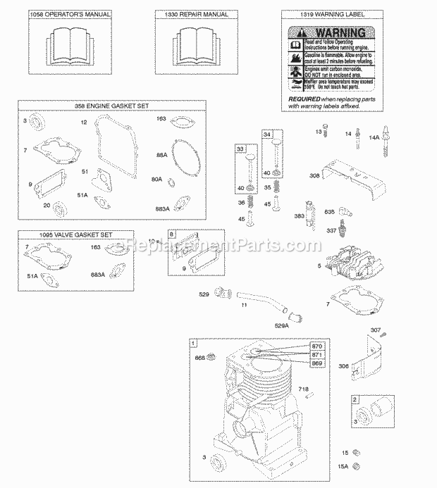 Briggs and Stratton 094002-0100-E1 Engine Cylinder Cylinder Head Gasket Set - Engine Gasket Set - Valve OperatorS Manual Warning Label Diagram