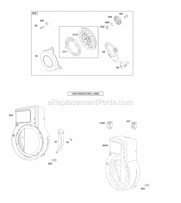 Briggs and Stratton 094032-0036-B1 Engine Blower HousingShrouds Rewind Starter Diagram