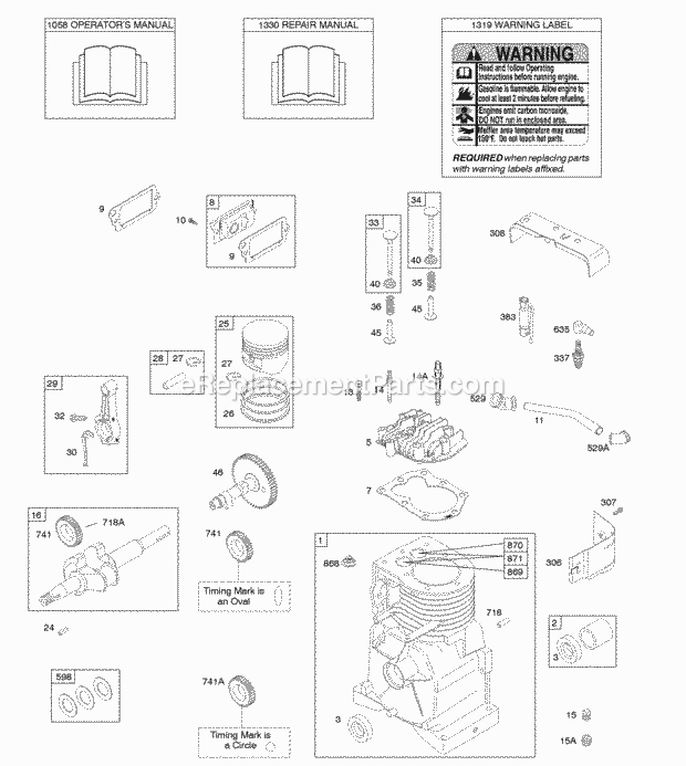 Briggs and Stratton 095352-0114-E1 Engine Camshaft Crankshaft Cylinder Cylinder Head OperatorS Manual PistonRingsConnecting Rod Warning Label Diagram