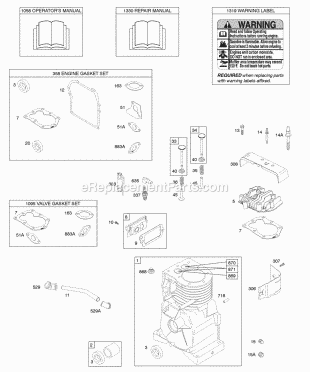 Briggs and Stratton 097432-0036-F1 Engine Cylinder Cylinder Head Gasket Set - Engine Gasket Set - Valve OperatorS Manual Warning Label Diagram