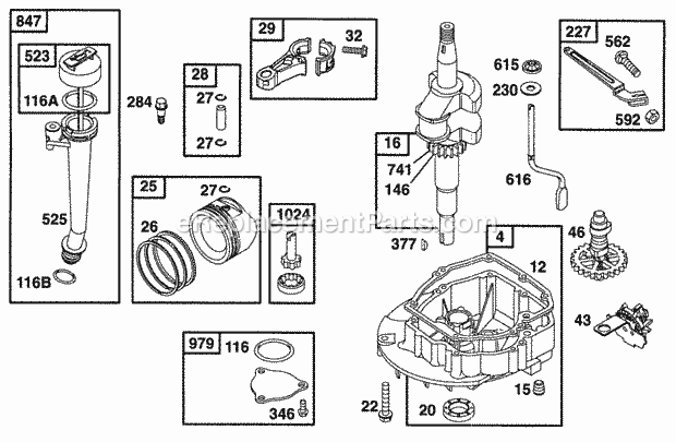 Briggs and Stratton 099772-0110-01 Engine Sump Base Piston Grp Gears Diagram