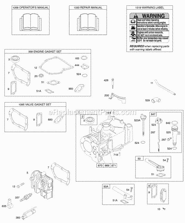 Briggs and Stratton 09C902-0332-01 Engine Cylinder Cylinder Head Gasket Set - Engine Gasket Set - Valve Lubrication OperatorS Manual Warning Label Diagram