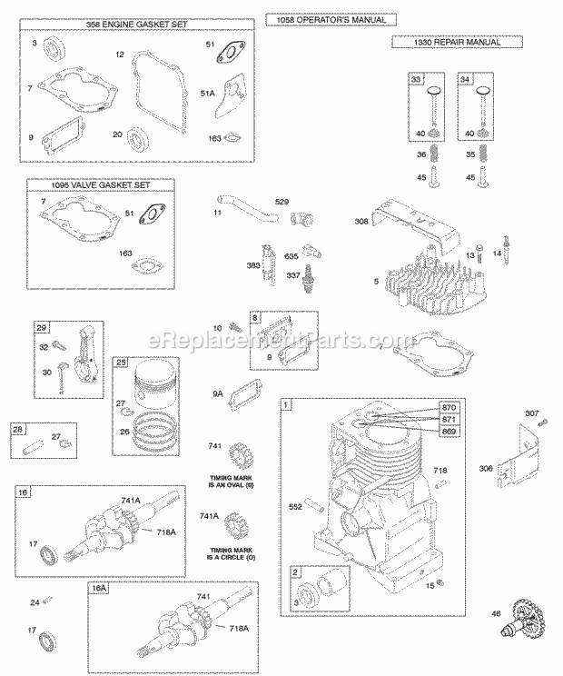 Briggs and Stratton 09K432-0116-02 Engine Cylinder Head Crankshaft Piston Gasket Sets Diagram