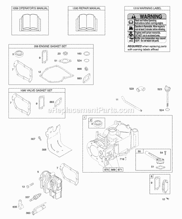 Briggs and Stratton 09M902-0015-E1 Engine Cylinder Cylinder Head Gasket Set - Engine Gasket Set - Valve Lubrication OperatorS Manual Warning Label Diagram