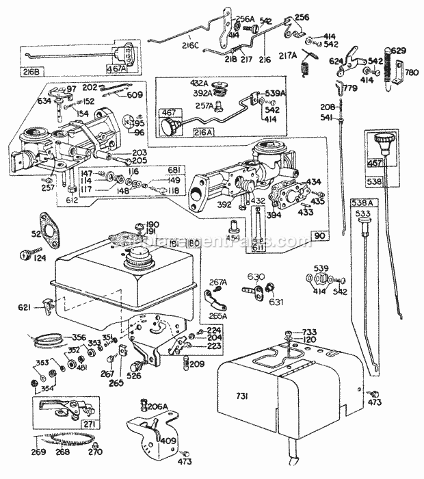 Briggs and Stratton 100292-0521-99 Engine CarburetorFuel PartsControls Diagram