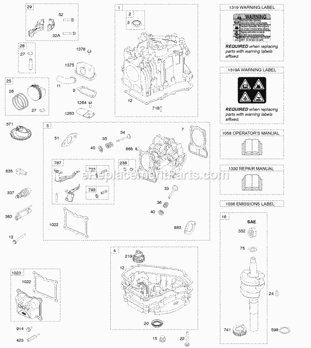 Briggs and Stratton 100602-0123-B1 Engine Cam Gear Crankcase CoverSump Crankshaft Cylinder Cylinder Head PistonRingsConnecting Rod Diagram