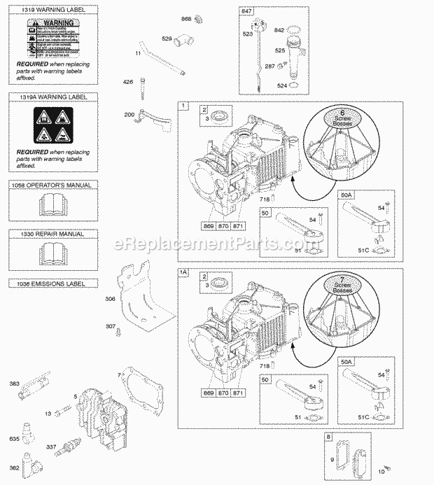 Briggs and Stratton 10T702-3857-B1 Engine Cylinder Cylinder Head Lubrication OperatorS Manual Warning Label Diagram
