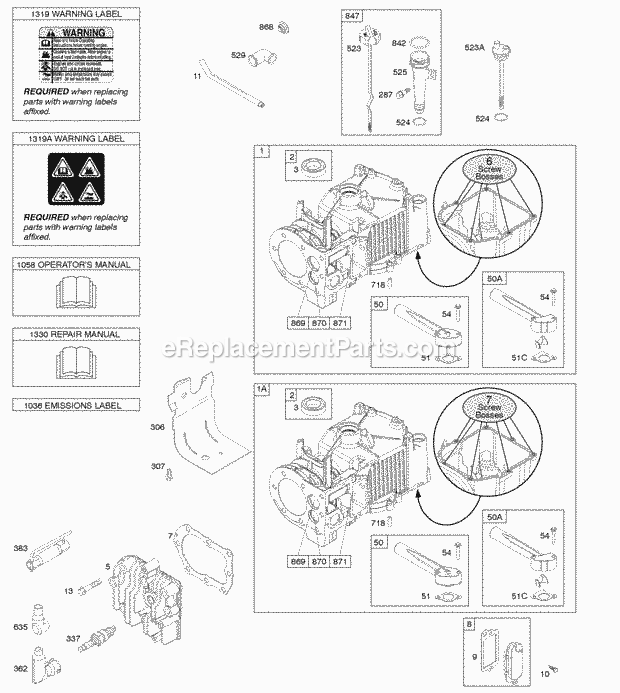 Briggs and Stratton 10T802-0173-B1 Engine Cylinder Cylinder Head Lubrication OperatorS Manual Warning Label Diagram