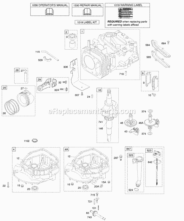 Briggs and Stratton 110602-0102-E1 Engine Camshaft Crankshaft Cylinder Engine Sump Lubrication Piston Group Diagram