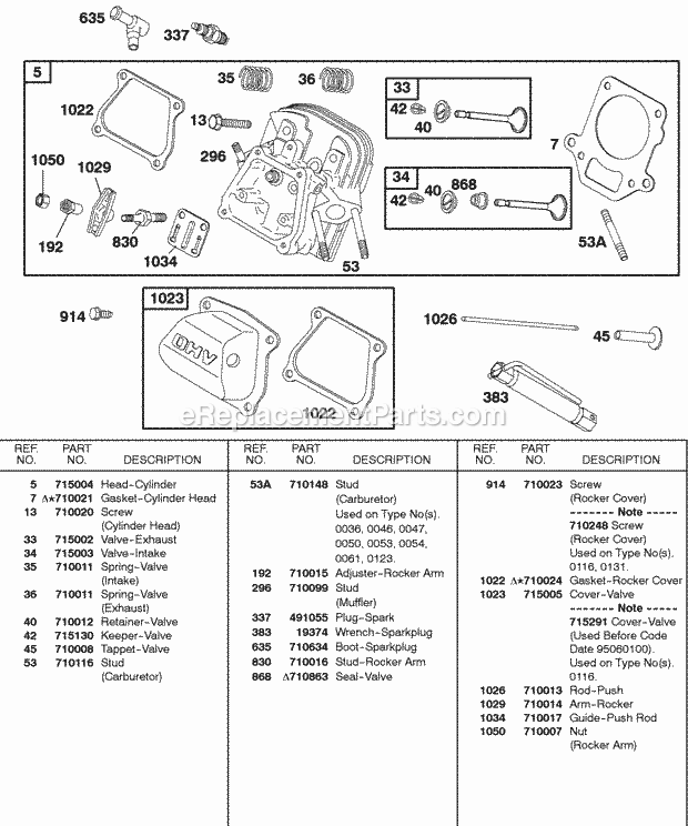 Briggs and Stratton 115432-0115-01 Engine Cylinder Head Valves Diagram