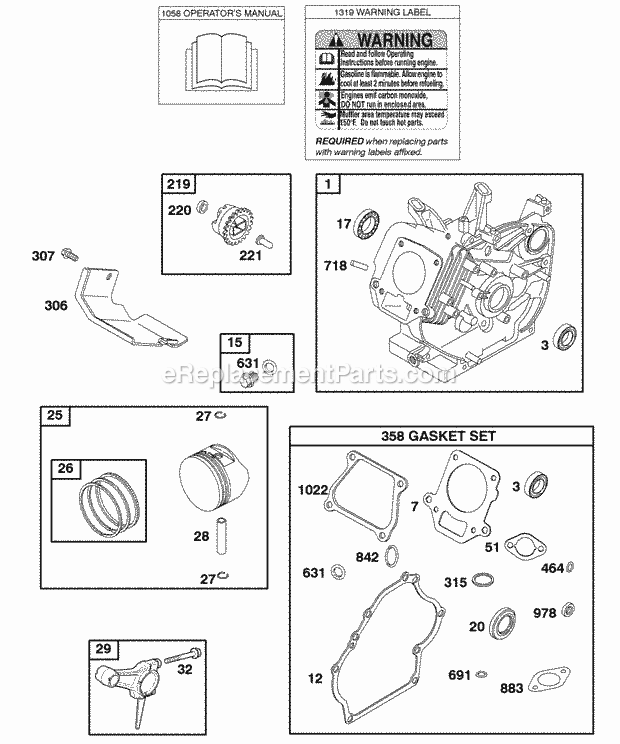 Briggs and Stratton 117432-0235-B2 Engine Cylinder Gasket Set - Engine OperatorS Manual Piston Rings Connecting Rod Warning Label Diagram