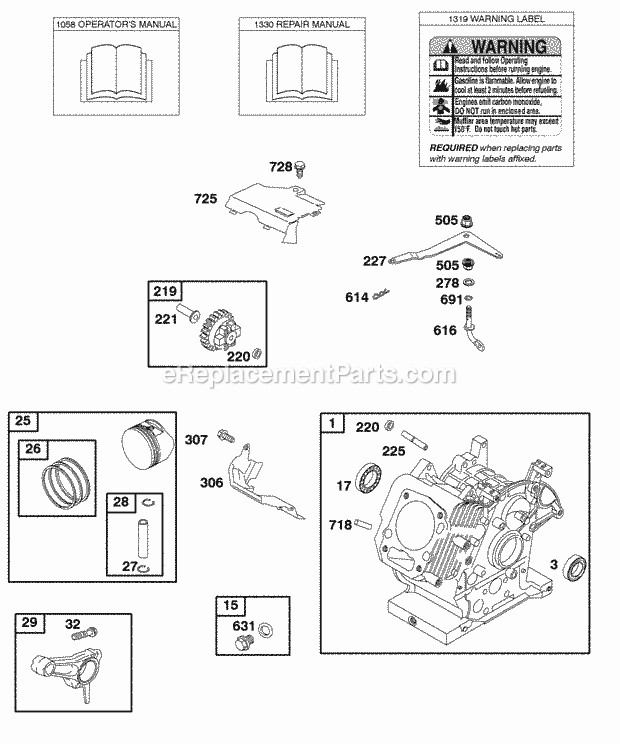 Briggs and Stratton 118432-0152-B1 Engine Cylinder OperatorS Manual Piston Rings Connecting Rod Warning Label Diagram