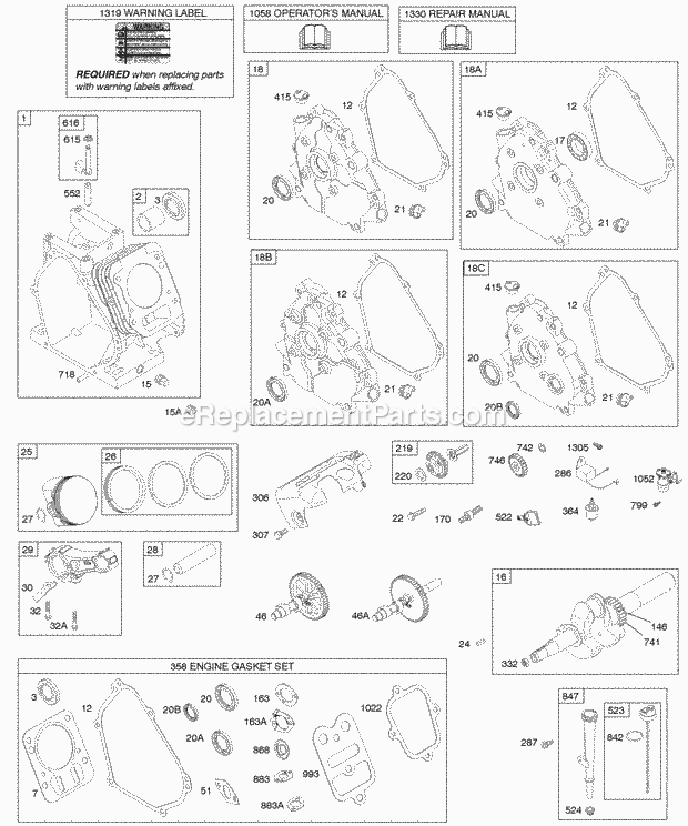 Briggs and Stratton 120202-0387-B1 Engine Camshaft Crankcase Cover Crankshaft Cylinder Lubrication Piston Group Diagram