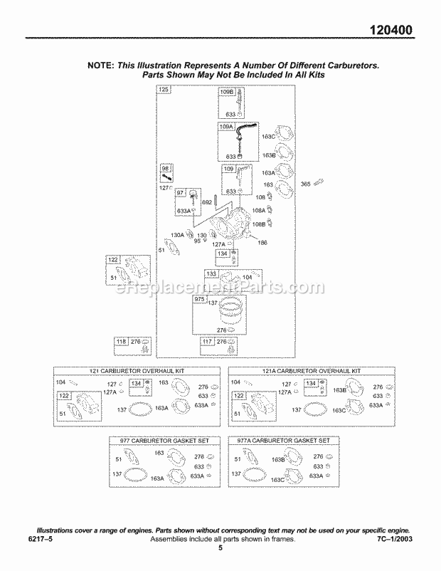 Briggs and Stratton 120412-0105-E1 Engine CarburetorKitsGaskets Diagram