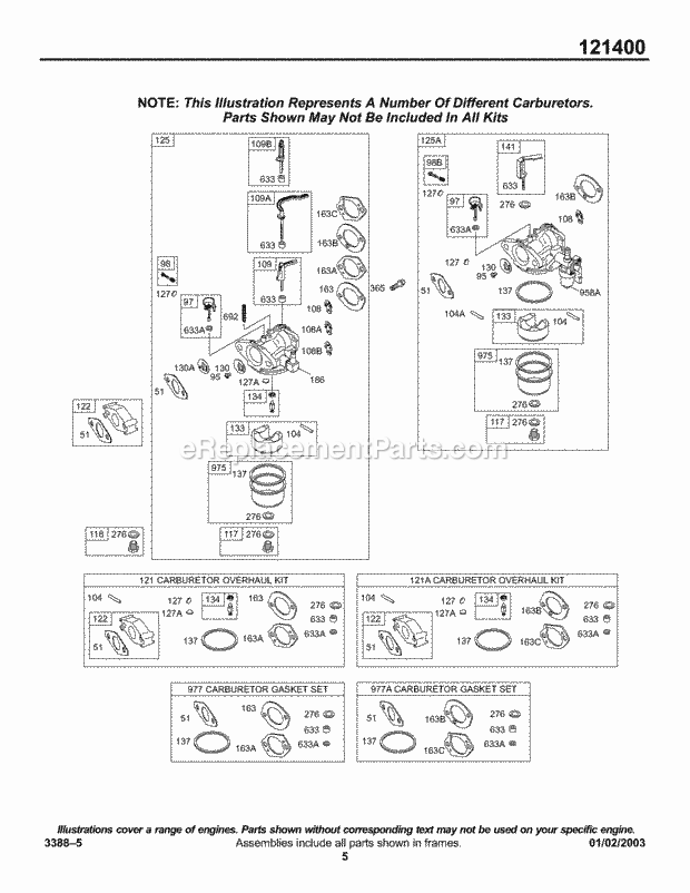 Briggs and Stratton 121402-0161-E1 Engine Carburetor Group KitsGasket - Carburetor Diagram