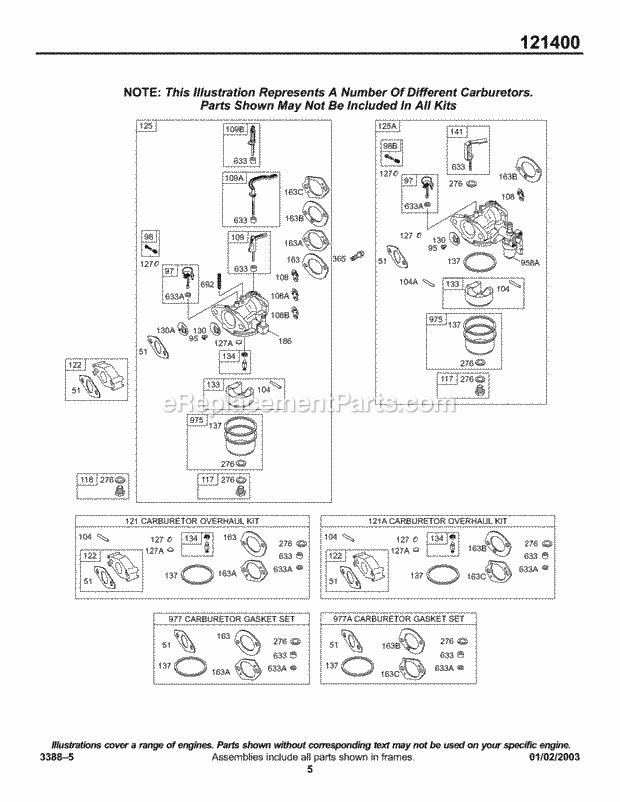 Briggs and Stratton 121452-0191-E1 Engine Carburetor Group KitsGasket - Carburetor Diagram