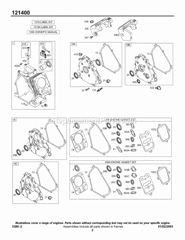 Briggs and Stratton 121452-0191-E1 Engine Crankcase CoverSumps Cylinder Group KitsGasket - Engine Diagram