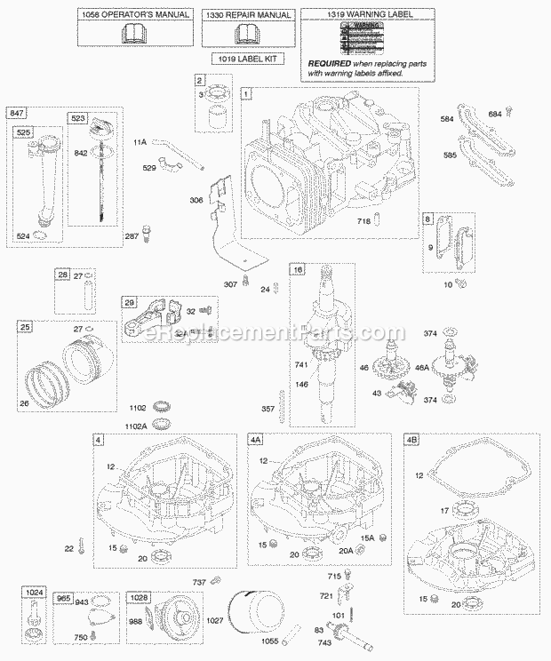 Briggs and Stratton 121602-0127-E1 Engine Camshaft Crankshaft Cylinder Engine Sump Lubrication Piston Group Diagram