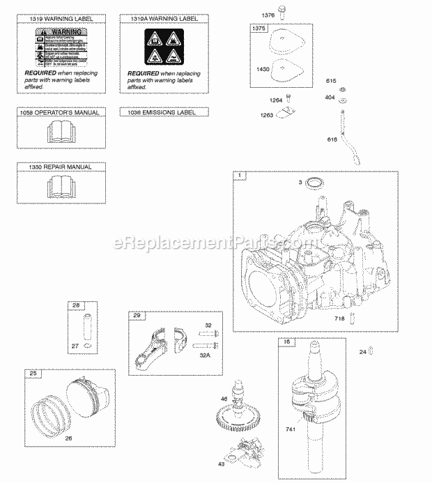 Briggs and Stratton 121Q02-0125-F1 Engine Camshaft Crankshaft Cylinder OperatorS Manual PistonRingsConnecting Rod Warning Label Diagram