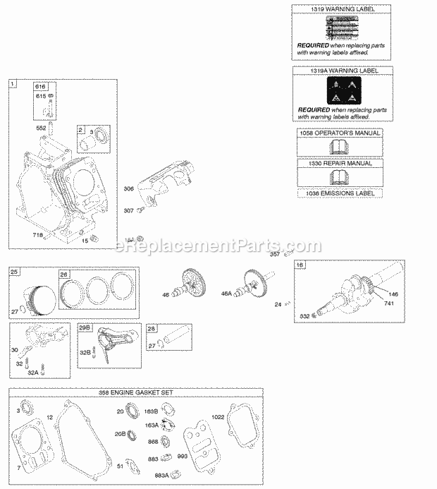 Briggs and Stratton 122037-0121-E1 Engine Camshaft Crankshaft Cylinder KitsGaskets Engine Piston Group Diagram