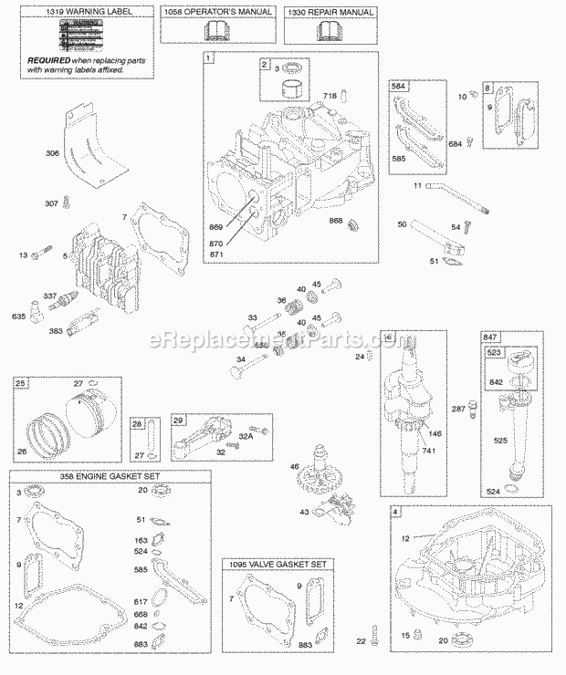 Briggs and Stratton 122L02-4112-F1 Engine Camshaft Crankshaft Cylinder Engine Sump Lubrication Piston Group Valves Diagram