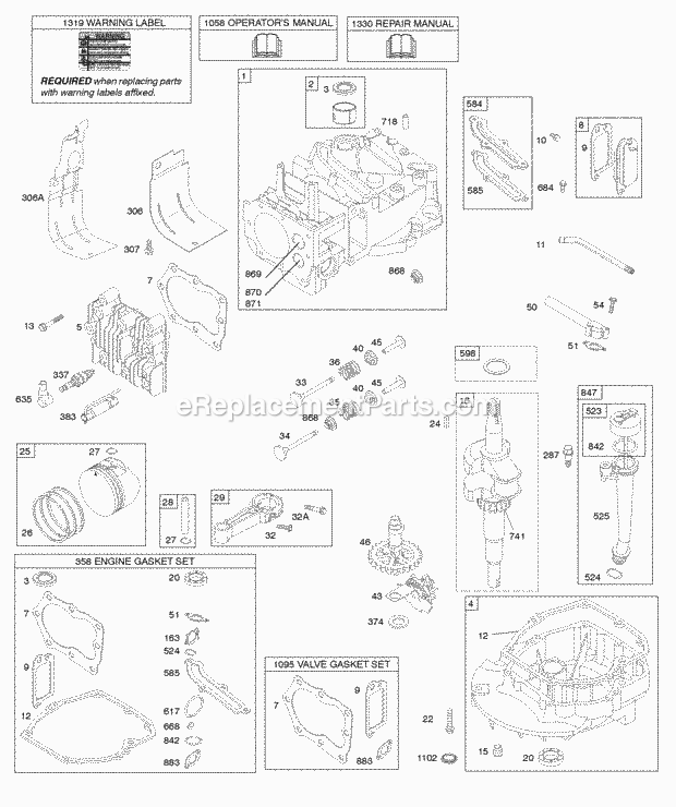 Briggs and Stratton 122M05-3846-F1 Engine Camshaft Crankshaft Cylinder Engine Sump Lubrication Piston Group Valves Diagram