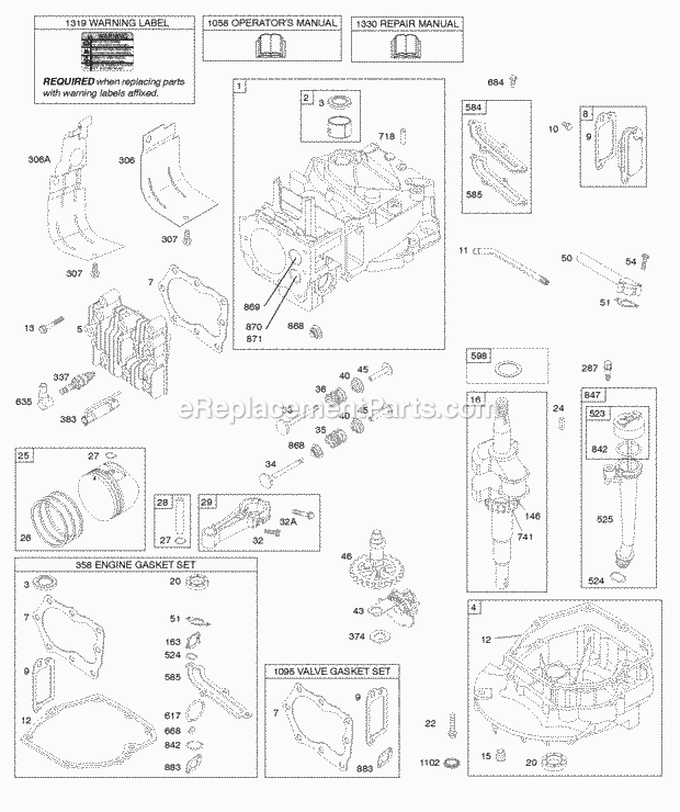 Briggs and Stratton 122T02-0113-B1 Engine Camshaft Crankshaft Cylinder Engine Sump Lubrication Piston Group Valves Diagram