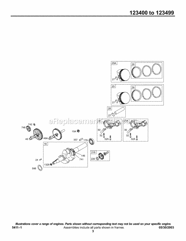 Briggs and Stratton 123432-0101-E1 Engine Cam Crankshaft Piston Group Diagram