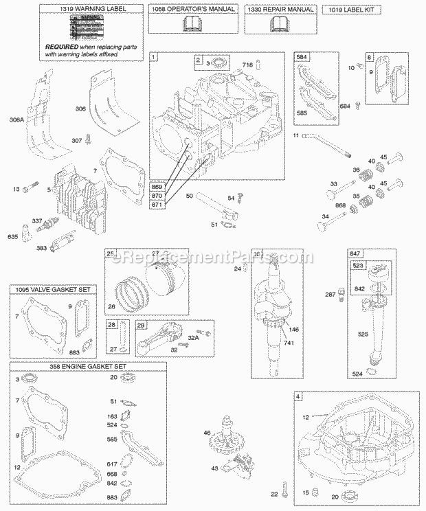 Briggs and Stratton 123K02-0114-E1 Engine Camshaft Crankshaft Cylinder Engine Sump KitGasket Lubrication Piston Group Valves Diagram