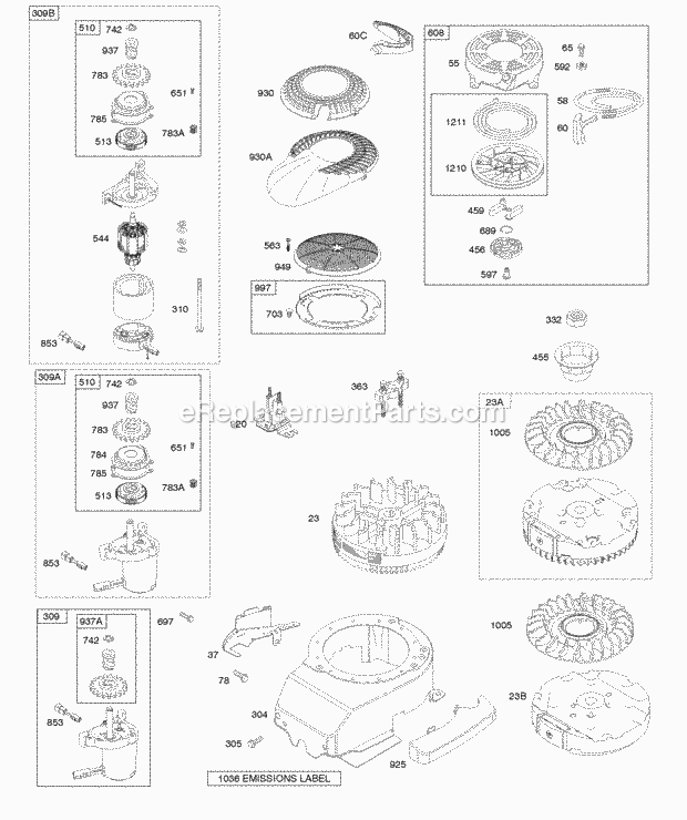 Briggs and Stratton 124T02-0258-H1 Engine Blower Housing Electric Starter Flywheel Rewind Starter Diagram