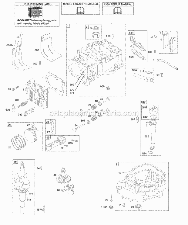 Briggs & Stratton 124T02-0309-H1 Engine Camshaft Crankshaft Cylinder Engine Sump Lubrication Piston Group Valves Diagram