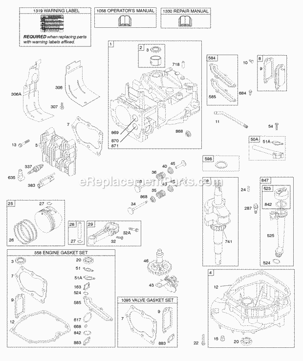 Briggs and Stratton 126M02-1479-F1 Engine Camshaft Crankshaft Cylinder Engine Sump Lubrication Pistion Group Valves Diagram