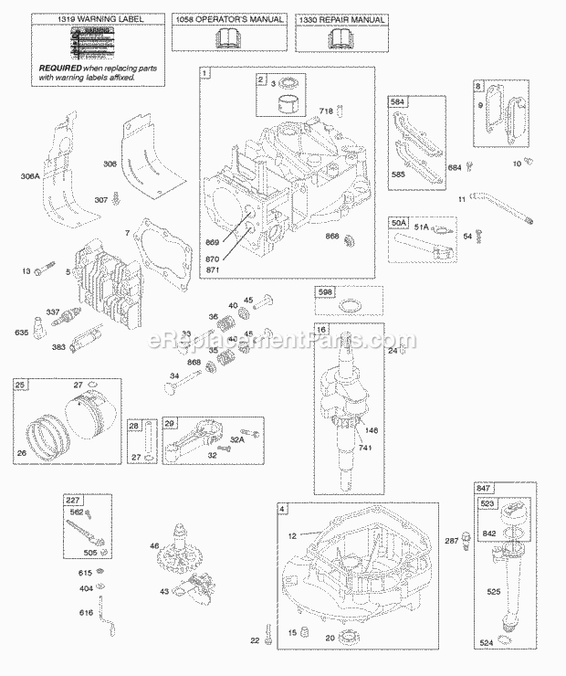 Briggs and Stratton 126T02-0261-B1 Engine Camshaft Crankshaft Cylinder Engine Sump Lubrication Piston Group Valves Diagram